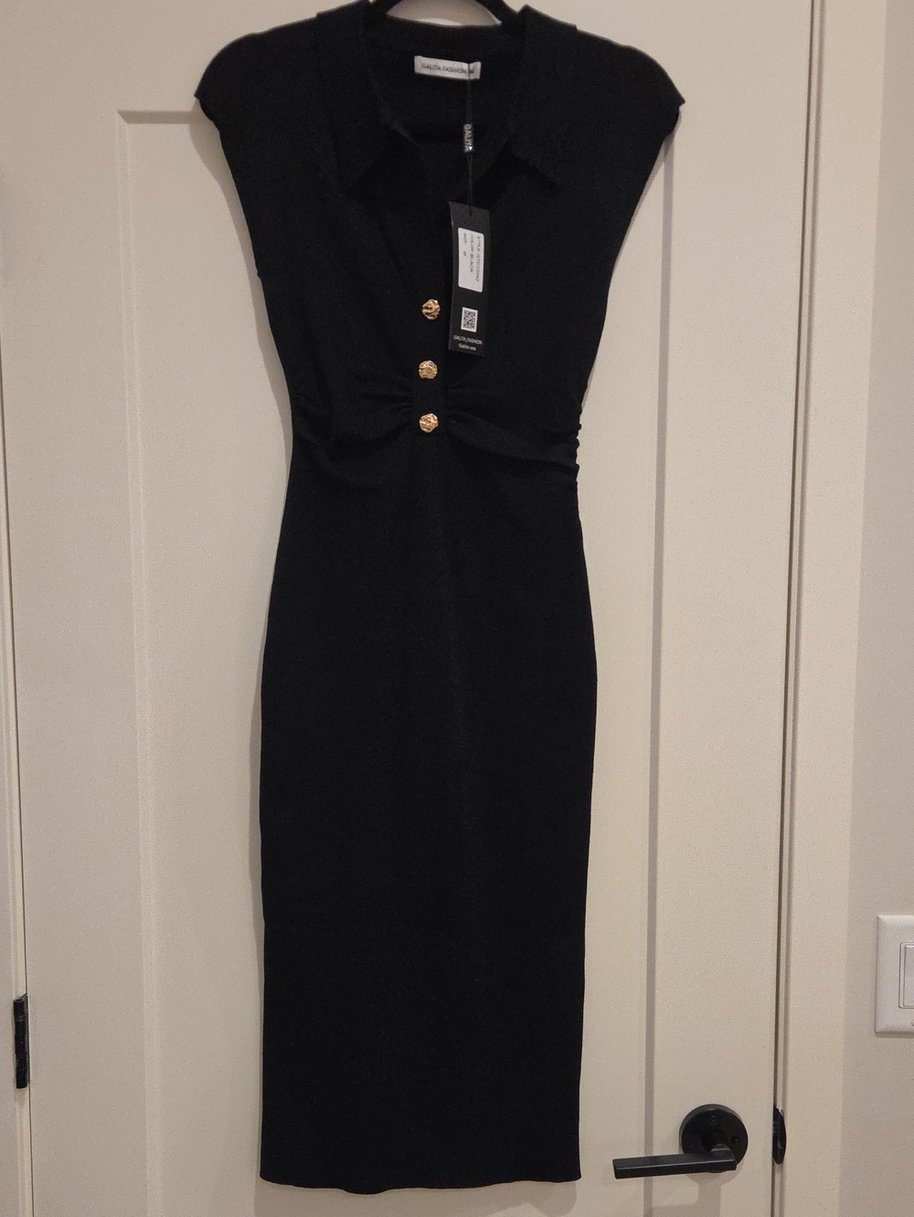 Galita Fashion Black Collared Midi Dress with Gold Buttons